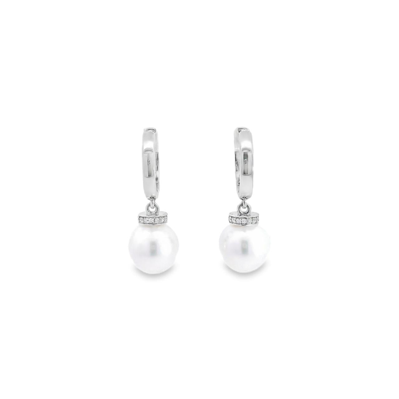Autore 18ct white gold South Sea pearl and diamond huggie earrings with 9mm semi-oval pearls and articulated drop design.