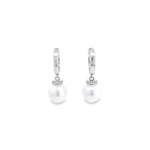 Autore 18ct white gold South Sea pearl and diamond huggie earrings with 9mm semi-oval pearls and articulated drop design.