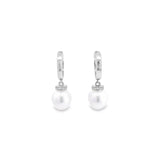 Autore 18ct white gold South Sea pearl and diamond huggie earrings with 9mm semi-oval pearls and articulated drop design.