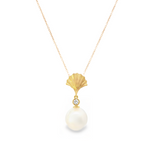 Autore 18ct yellow gold South Sea pearl and diamond necklet with 10mm pearl, bezel set diamond and fan-shaped top on a 50cm fine trace link chain.