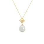 Autore 18ct yellow gold South Sea pearl and diamond pendant with open flower design and articulated 11mm white-silver pearl on fine trace link chain.