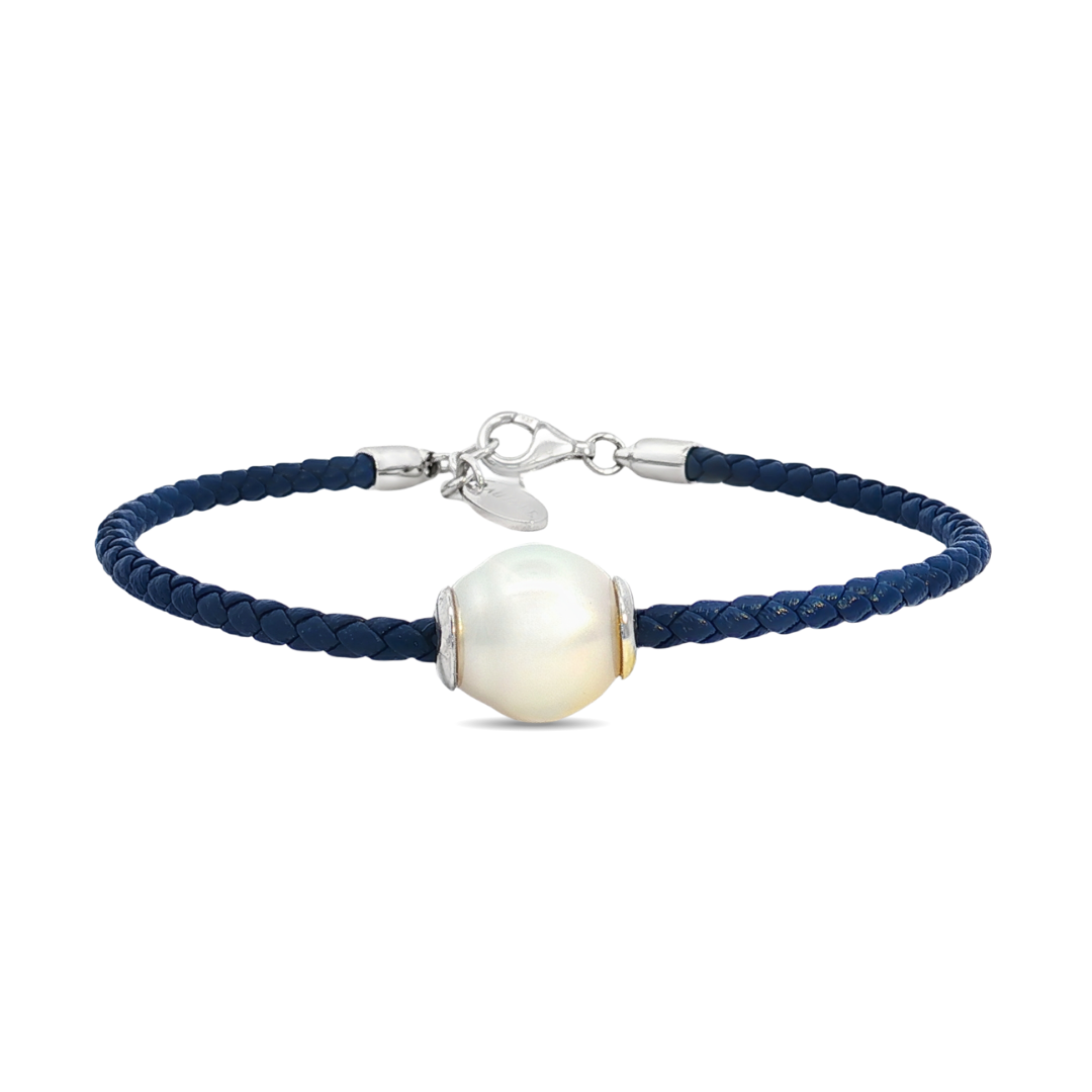 Autore sterling silver South Sea pearl bracelet featuring navy plaited leather and a 12mm semi-drop white/silver pearl.