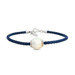 Autore sterling silver South Sea pearl bracelet featuring navy plaited leather and a 12mm semi-drop white/silver pearl.
