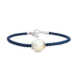 Autore sterling silver South Sea pearl bracelet featuring navy plaited leather and a 12mm semi-drop white/silver pearl.