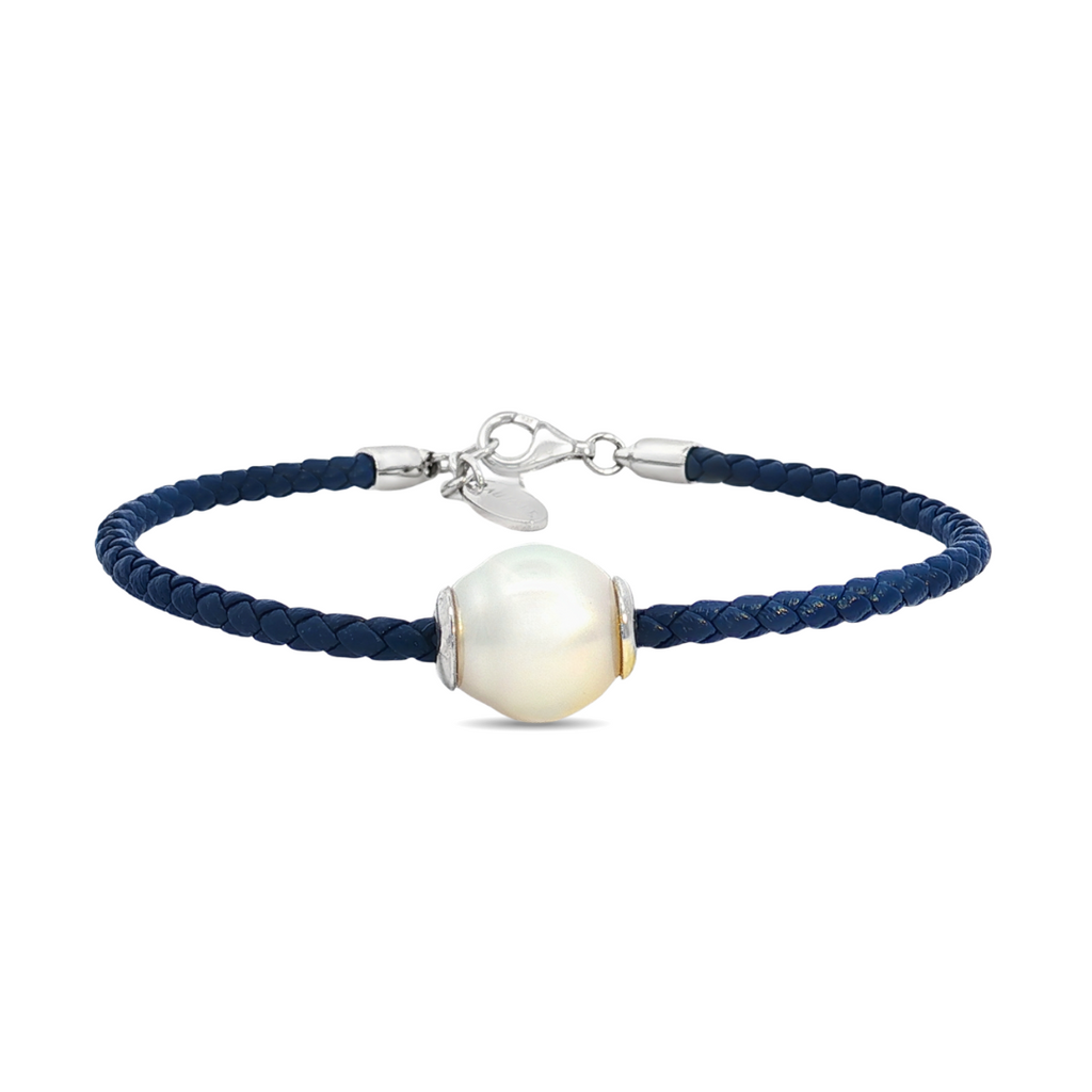 Autore sterling silver South Sea pearl bracelet featuring navy plaited leather and a 12mm semi-drop white/silver pearl.