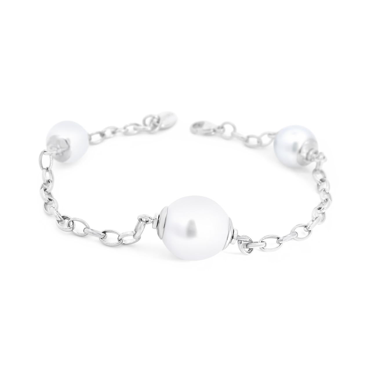 Autore sterling silver bracelet featuring one 12mm and two 9mm semi-drop silver South Sea pearls set along an oval belcher link chain.