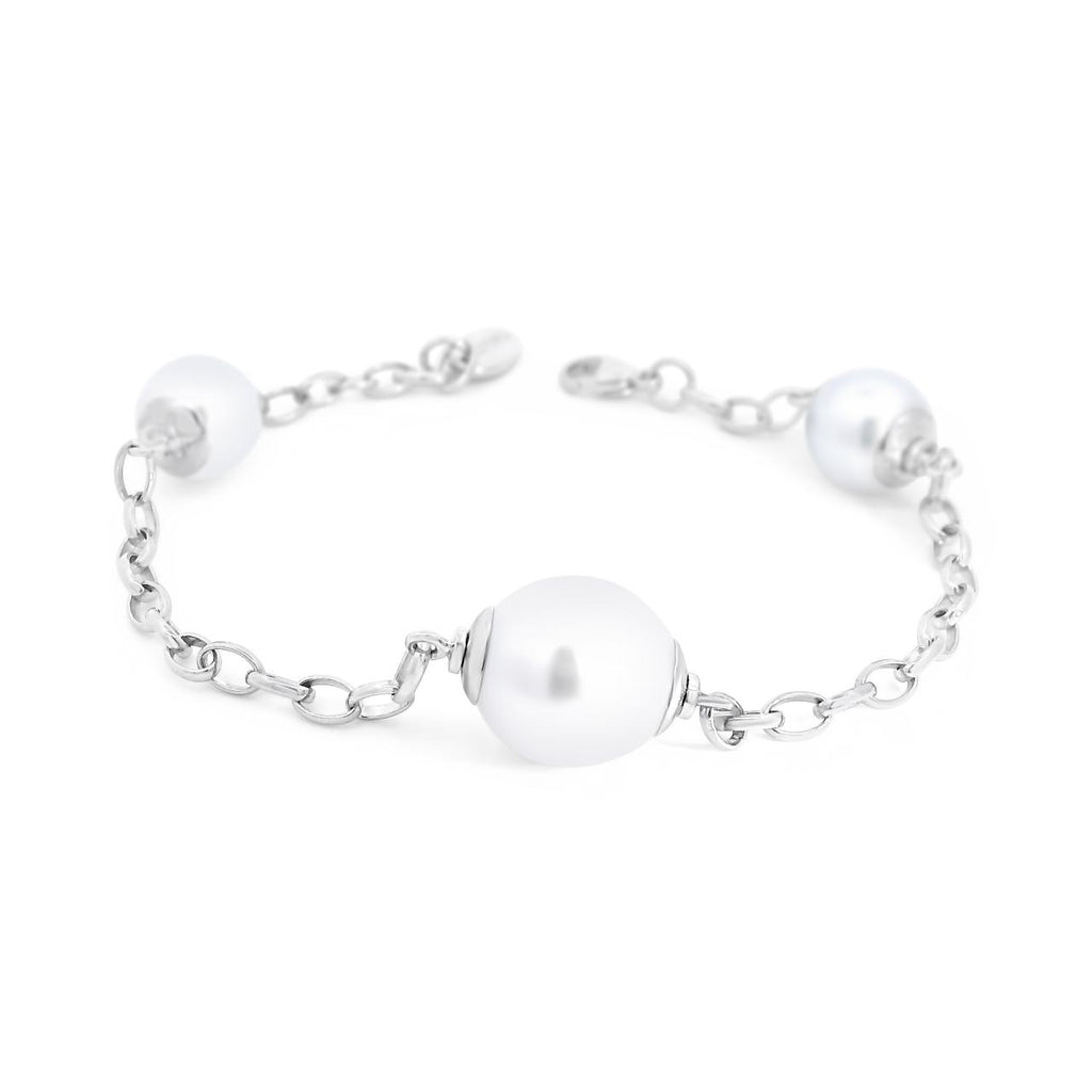 Autore sterling silver bracelet featuring one 12mm and two 9mm semi-drop silver South Sea pearls set along an oval belcher link chain.