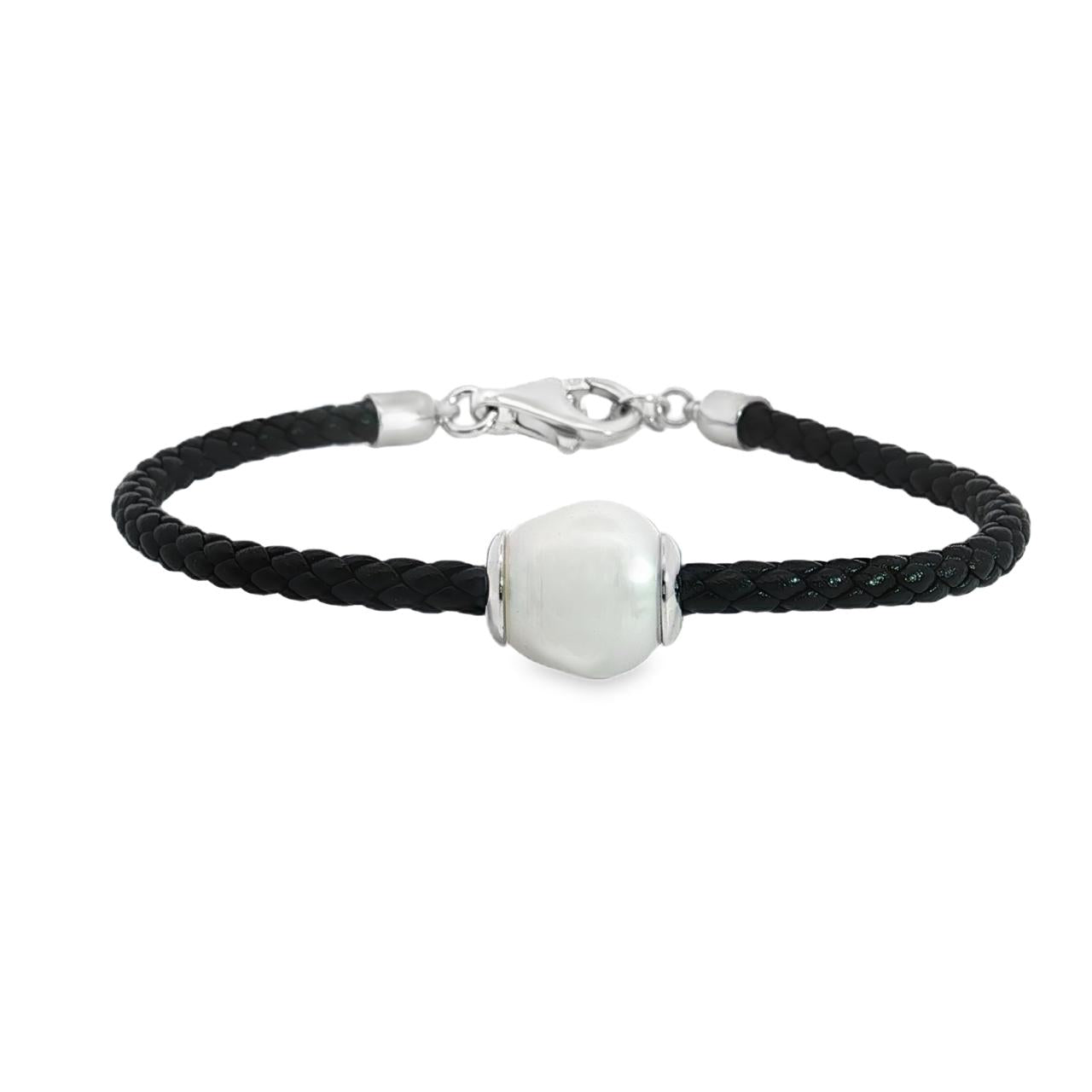Autore sterling silver and black leather bracelet with 12mm silver circle South Sea pearl