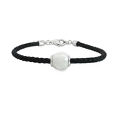 Autore sterling silver and black leather bracelet with 12mm silver circle South Sea pearl
