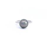 Autore 18ct white gold ring with a 10mm near-round green Tahitian pearl in a classic cup setting.
