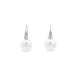 Autore white gold hook earrings with diamond cluster tops and 9mm South Sea pearl drops.