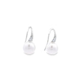 Autore white gold hook earrings with diamond cluster tops and 9mm South Sea pearl drops.