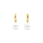 Autore yellow gold huggie earrings with diamond rondelles and 11mm South Sea pearl drops.