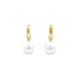 Autore yellow gold huggie earrings with diamond rondelles and 11mm South Sea pearl drops.