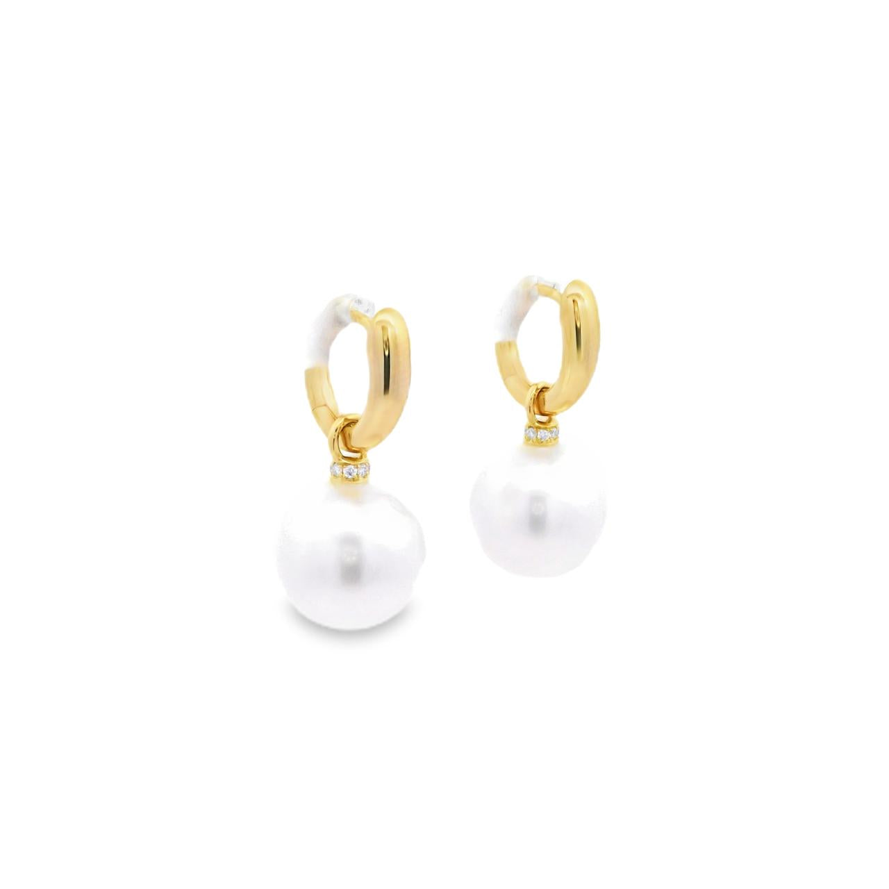 Autore yellow gold huggie earrings with diamond rondelles and 11mm South Sea pearl drops.