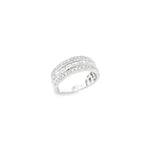 18ct white gold ring featuring a centre row of baguette cut diamonds with outer rows of round brilliant cut diamonds, bead set with millgrain edges.
