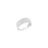 18ct white gold ring featuring a centre row of baguette cut diamonds with outer rows of round brilliant cut diamonds, bead set with millgrain edges.