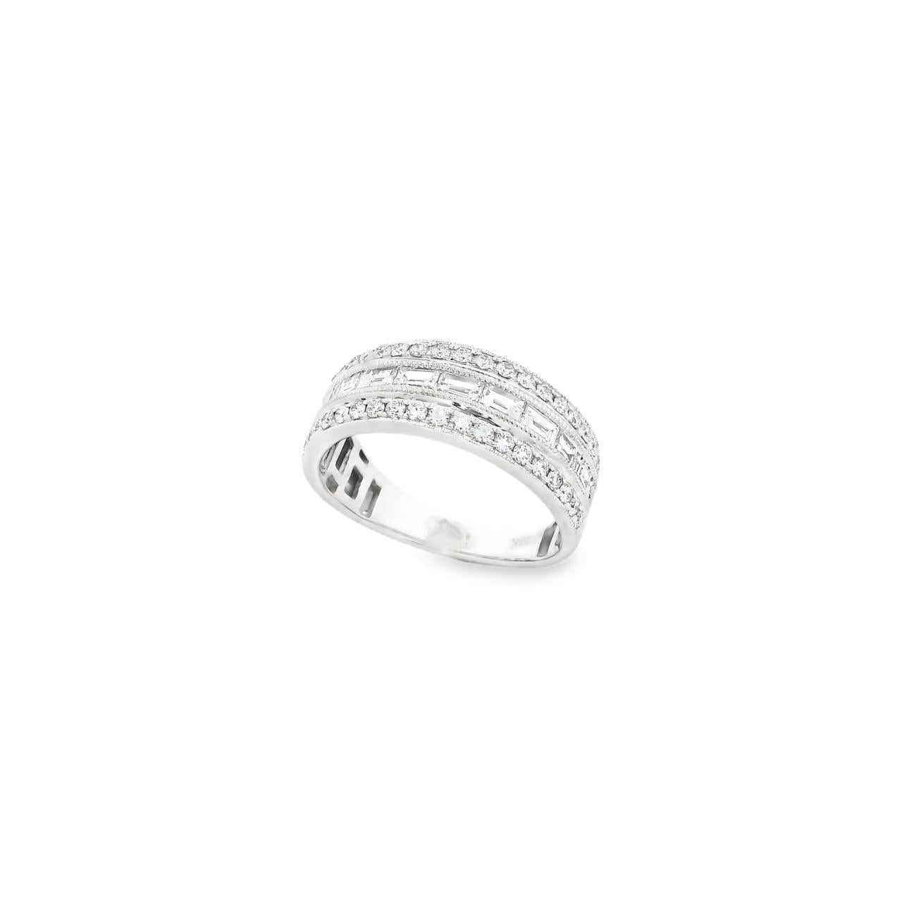 18ct white gold ring featuring a centre row of baguette cut diamonds with outer rows of round brilliant cut diamonds, bead set with millgrain edges.