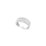 18ct white gold ring featuring a centre row of baguette cut diamonds with outer rows of round brilliant cut diamonds, bead set with millgrain edges.