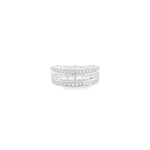 18ct white gold ring featuring a centre row of baguette cut diamonds with outer rows of round brilliant cut diamonds, bead set with millgrain edges.