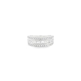 18ct white gold ring featuring a centre row of baguette cut diamonds with outer rows of round brilliant cut diamonds, bead set with millgrain edges.