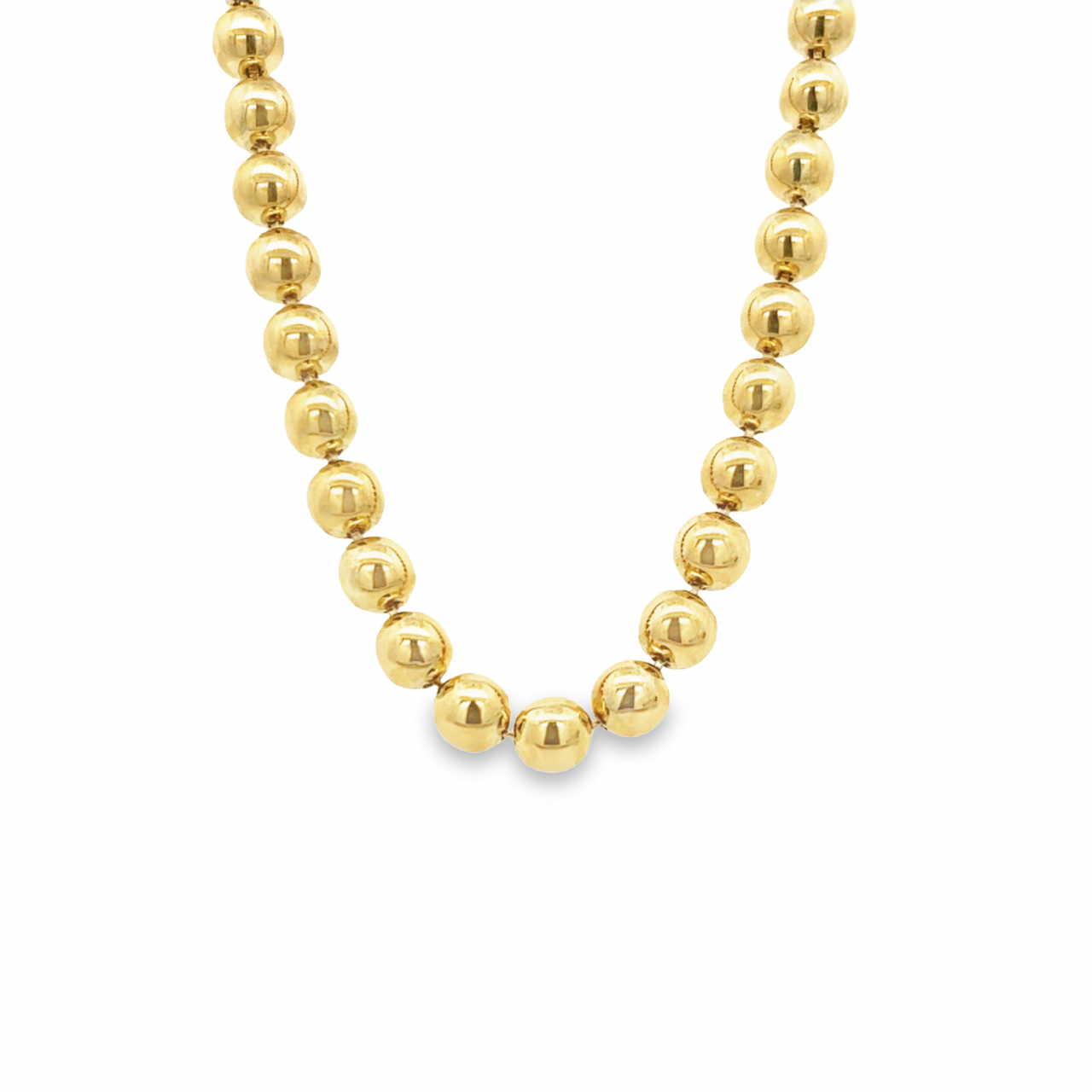 9ct yellow gold necklet featuring 6mm ball links and a large parrot clasp, 45cm long, with a polished finish.