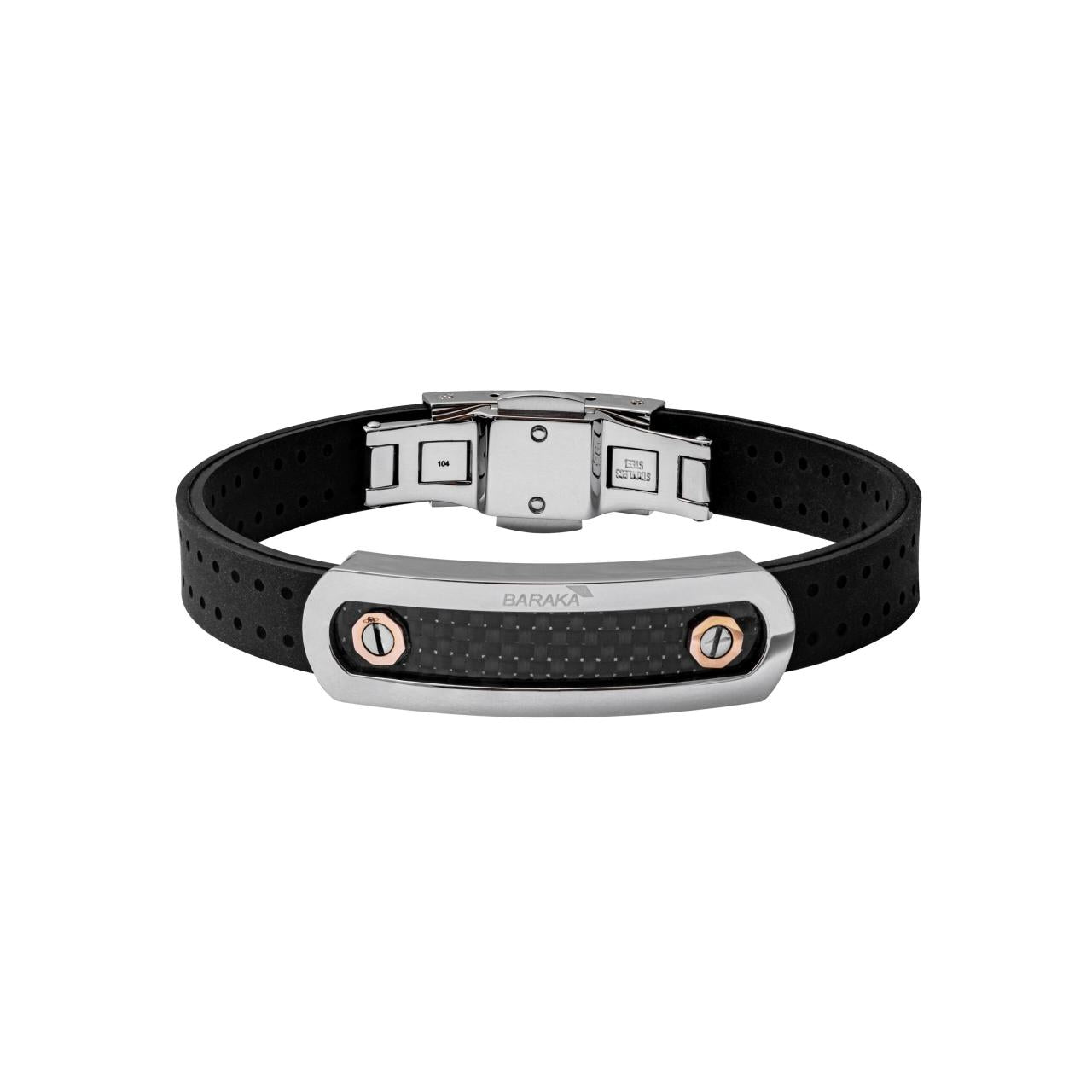 Baraka black rubber bracelet with stainless steel and carbon fibre centre and rose gold detail.