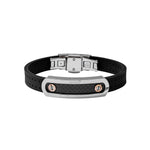 Baraka black rubber bracelet with stainless steel and carbon fibre centre and rose gold detail.