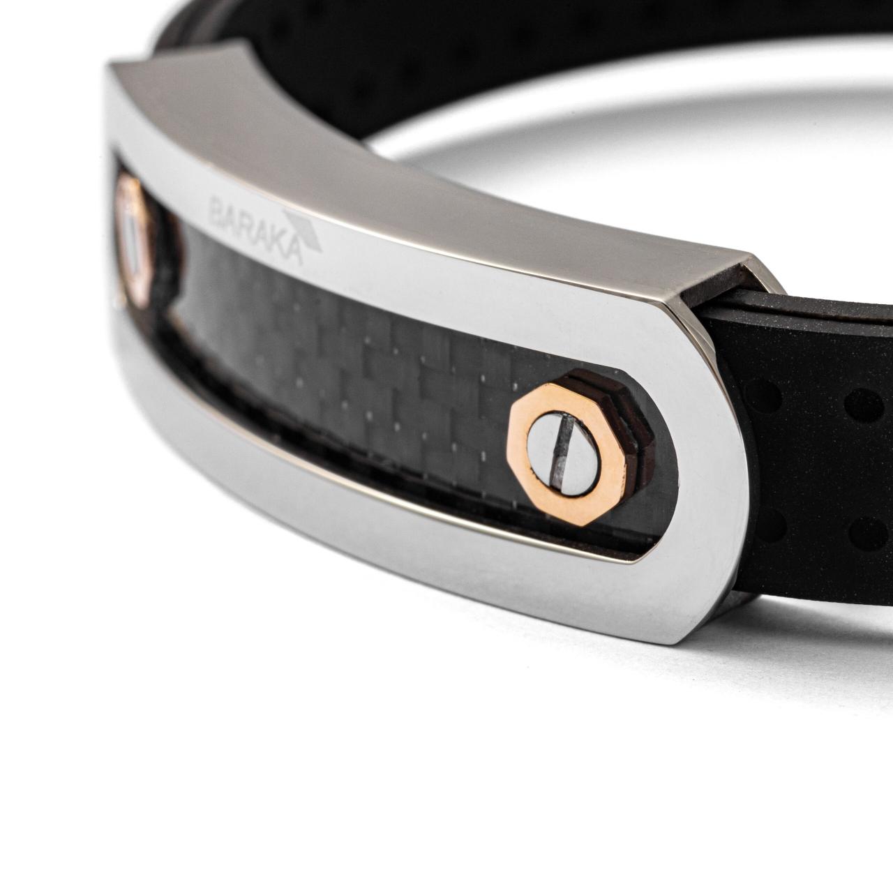 Baraka black rubber bracelet with stainless steel and carbon fibre centre and rose gold detail.