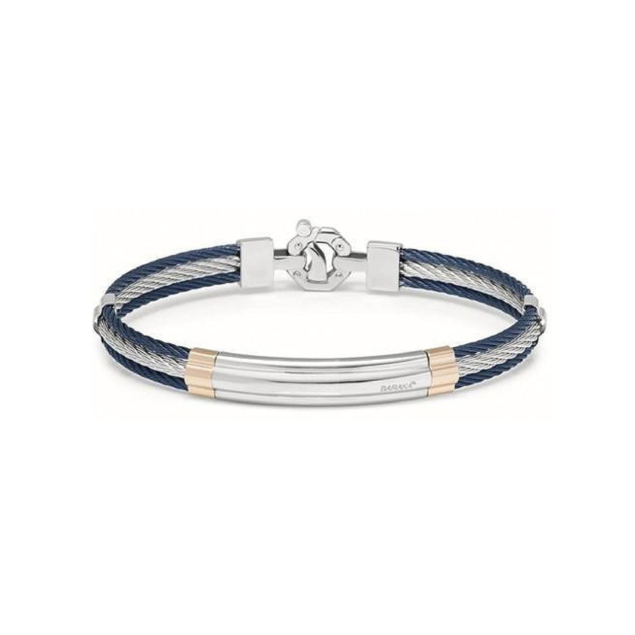 Baraka blue PVD twist bracelet in stainless steel with rose gold centre and diamond clasp detail.