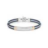 Baraka blue PVD twist bracelet in stainless steel with rose gold centre and diamond clasp detail.