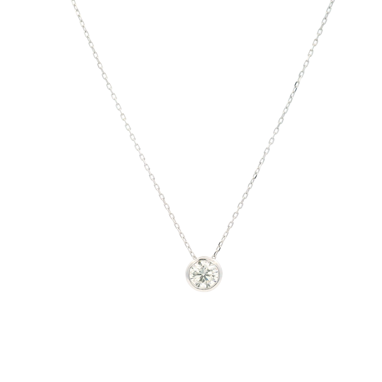 18ct white gold necklet featuring a bezel set 0.34ct round brilliant cut diamond on an adjustable 45cm fine trace link chain with bolt ring clasp.