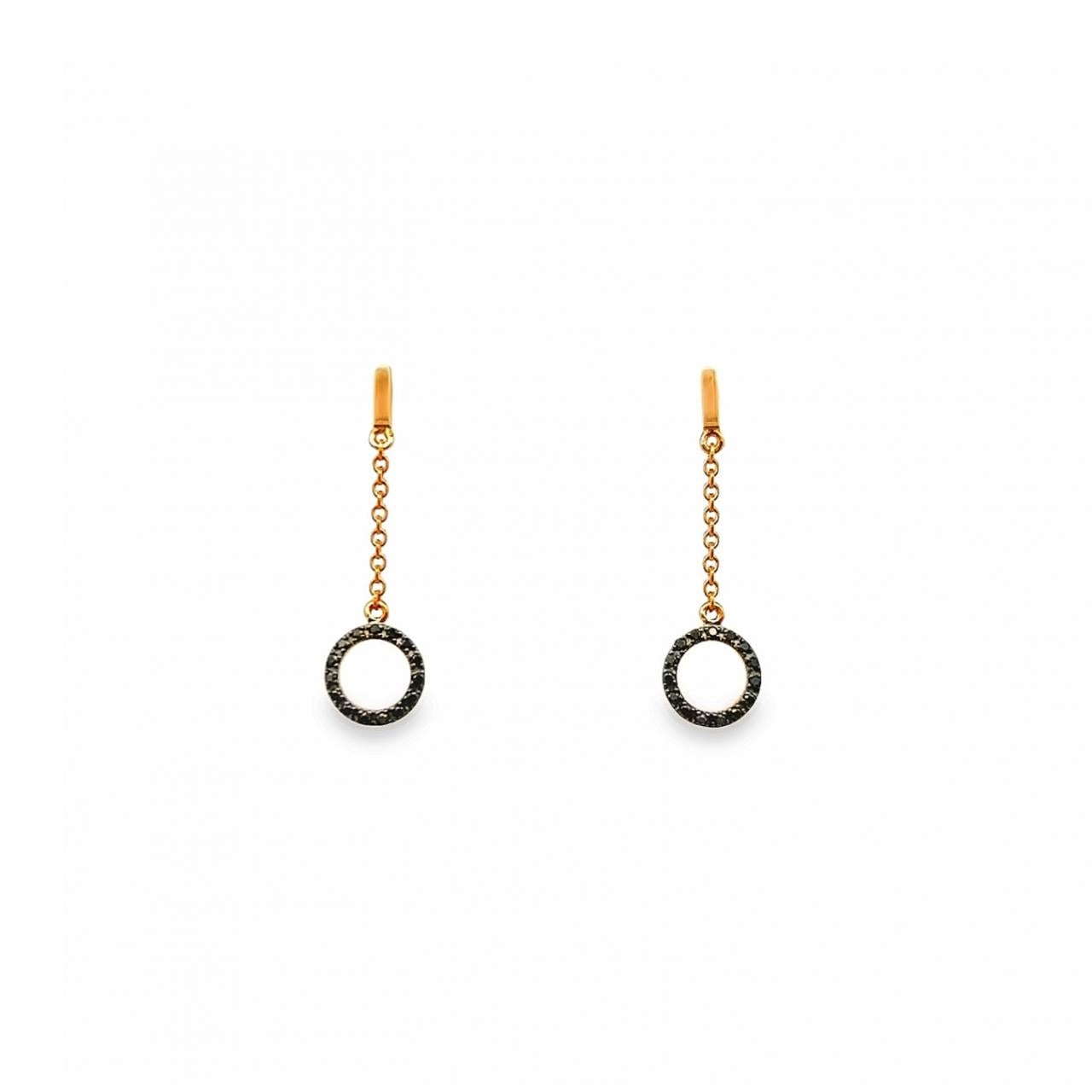 14ct rose gold drop earrings with stud fittings and trace link chain drops, each featuring an 8mm claw-set circle of black diamonds totalling 0.15ct.