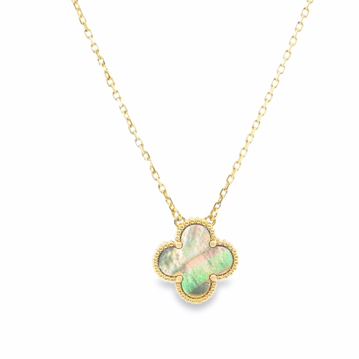 18ct yellow gold necklace with black mother of pearl clover pendant