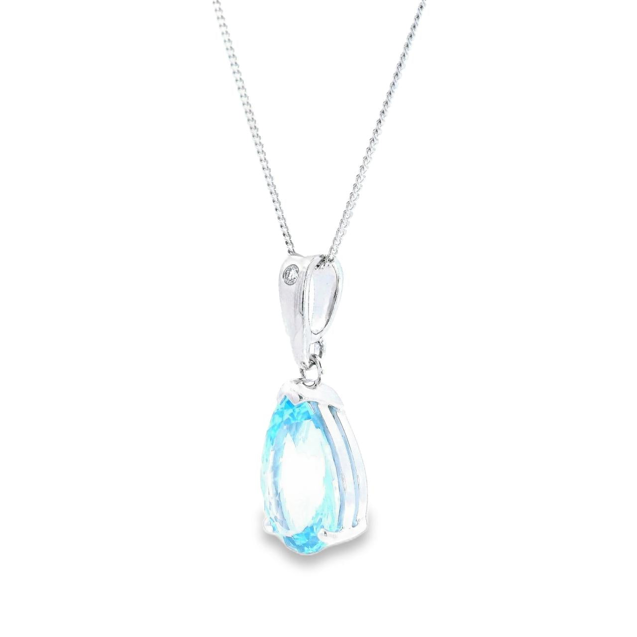 9ct white gold pendant featuring a 17x10mm pear-cut blue topaz in a v-cap and claw setting with articulated tapered pendant runner.