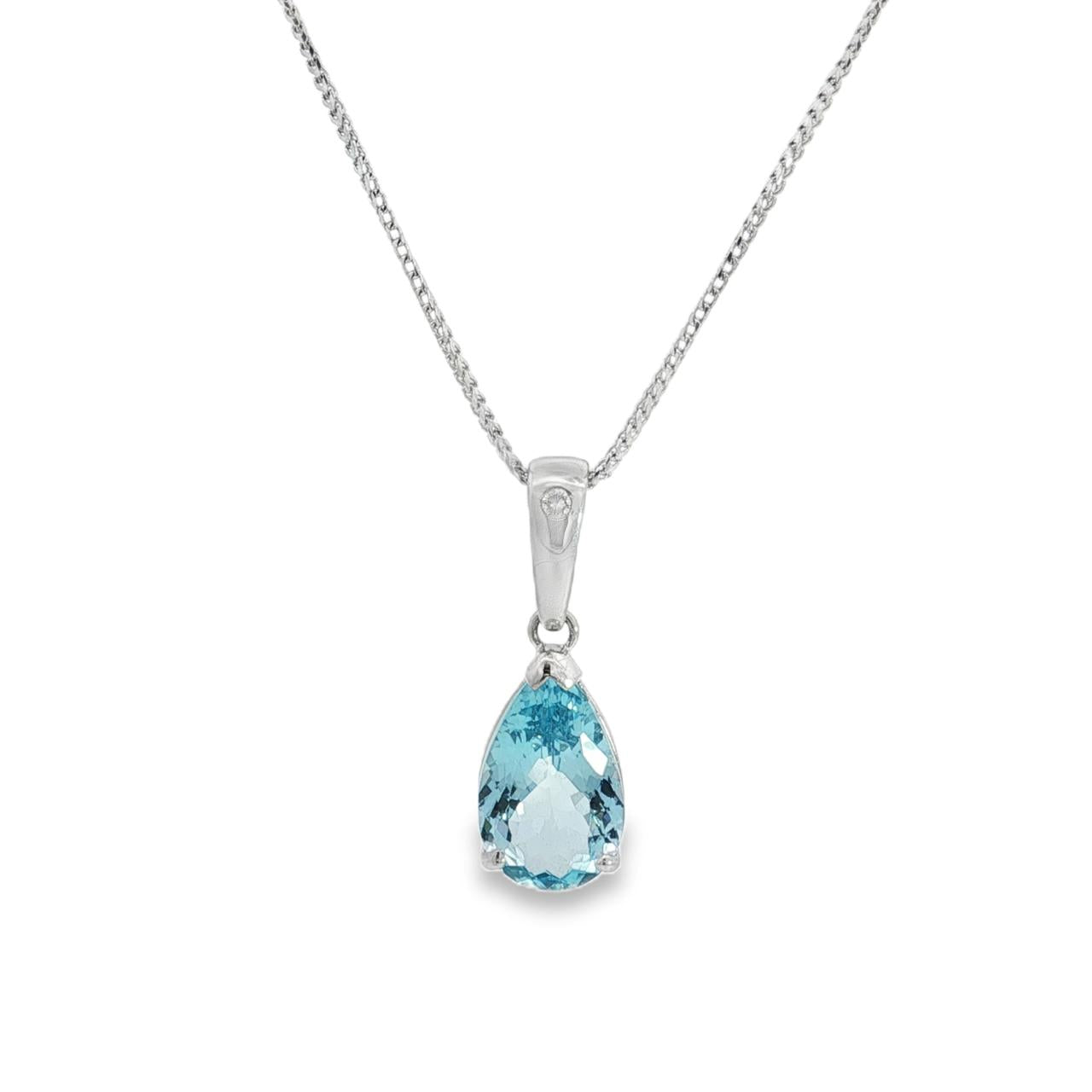 9ct white gold pendant featuring a 17x10mm pear-cut blue topaz in a v-cap and claw setting with articulated tapered pendant runner.