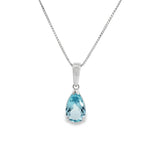 9ct white gold pendant featuring a 17x10mm pear-cut blue topaz in a v-cap and claw setting with articulated tapered pendant runner.