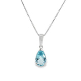 9ct white gold pendant featuring a 17x10mm pear-cut blue topaz in a v-cap and claw setting with articulated tapered pendant runner.