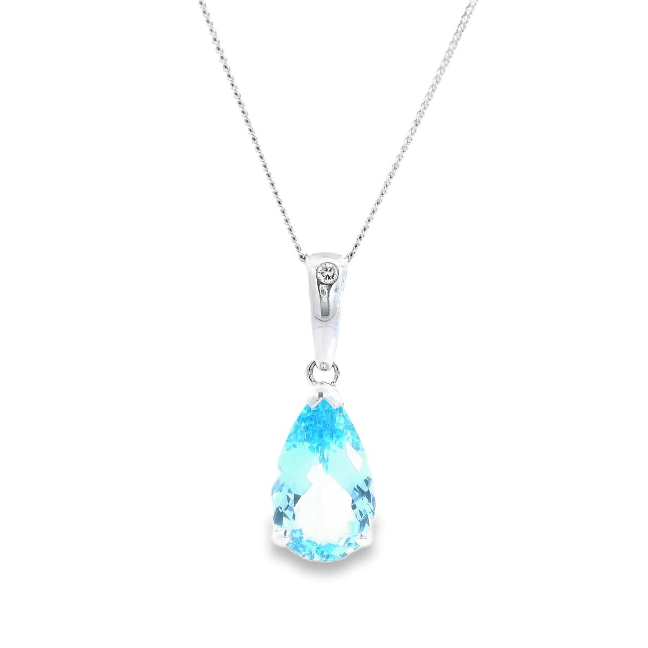 9ct white gold pendant featuring a 17x10mm pear-cut blue topaz in a v-cap and claw setting with articulated tapered pendant runner.