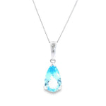 9ct white gold pendant featuring a 17x10mm pear-cut blue topaz in a v-cap and claw setting with articulated tapered pendant runner.