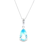 9ct white gold pendant featuring a 17x10mm pear-cut blue topaz in a v-cap and claw setting with articulated tapered pendant runner.