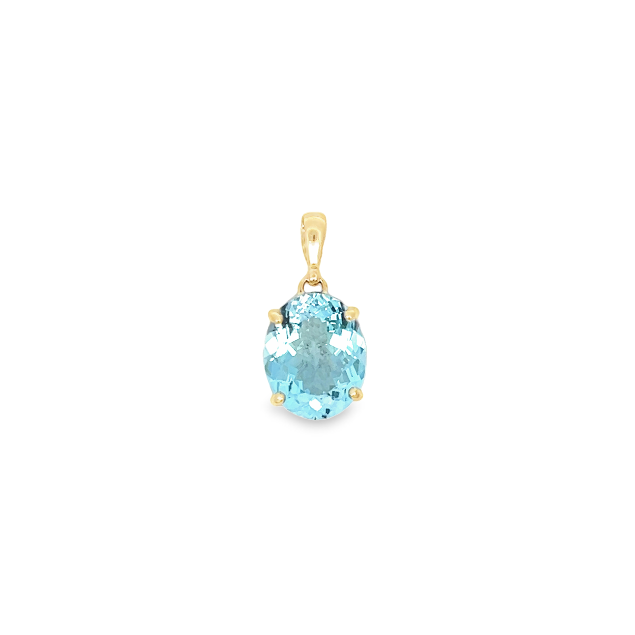 9ct yellow gold pendant featuring a 16.7x13.5mm oval-cut blue topaz in a four-claw open-back setting with an articulated tapered pendant runner.