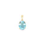 9ct yellow gold pendant featuring a 16.7x13.5mm oval-cut blue topaz in a four-claw open-back setting with an articulated tapered pendant runner.
