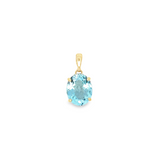 9ct yellow gold pendant featuring a 16.7x13.5mm oval-cut blue topaz in a four-claw open-back setting with an articulated tapered pendant runner.