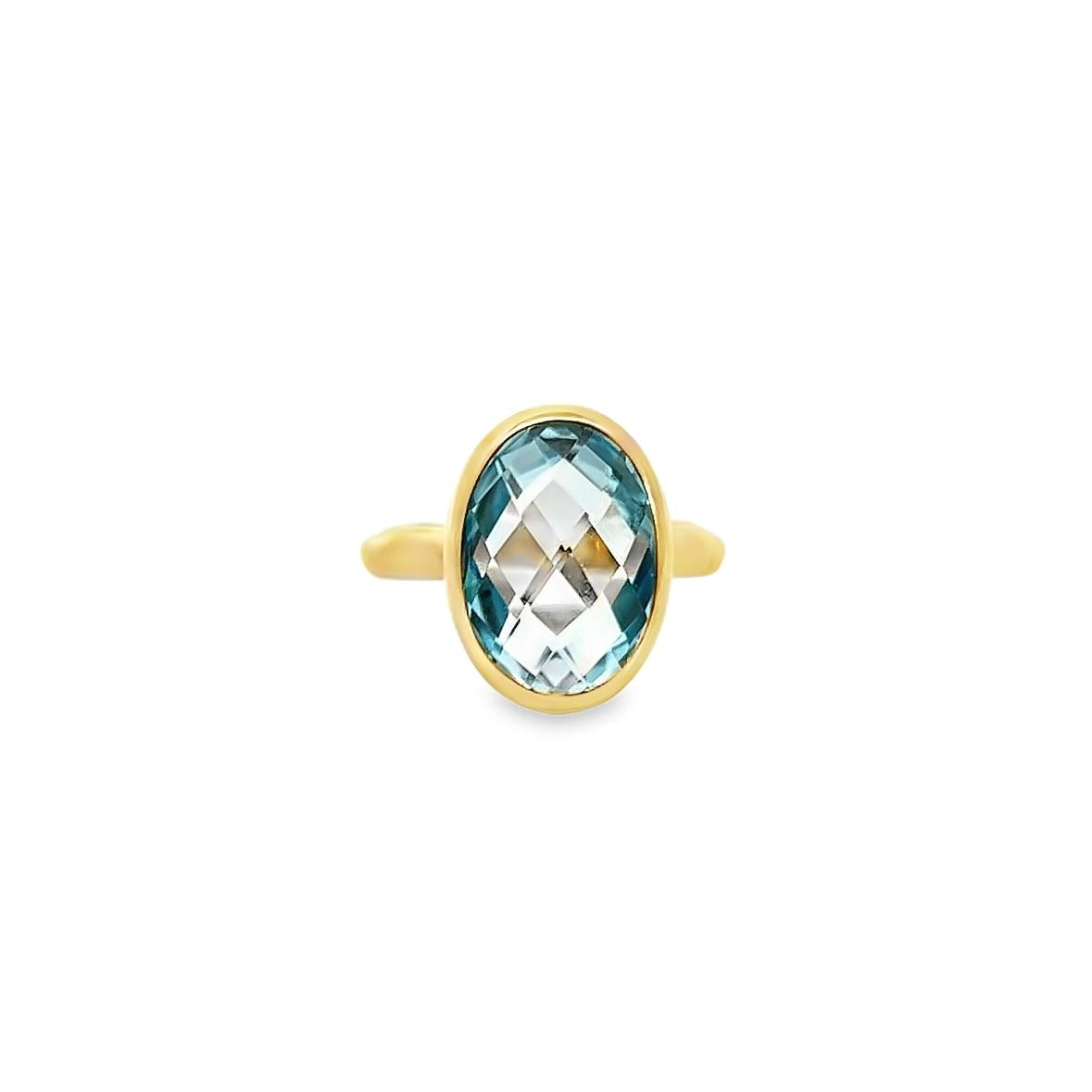 9ct yellow gold ring featuring a 15x10mm oval checkerboard-cut blue topaz in a bezel setting on a plain polished band.