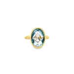 9ct yellow gold ring featuring a 15x10mm oval checkerboard-cut blue topaz in a bezel setting on a plain polished band.
