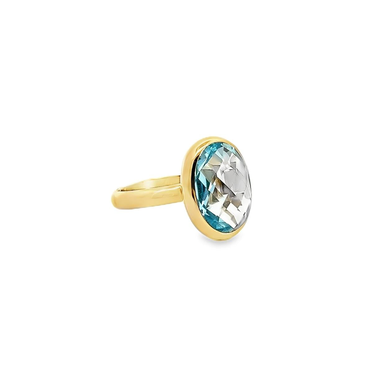 9ct yellow gold ring featuring a 15x10mm oval checkerboard-cut blue topaz in a bezel setting on a plain polished band.