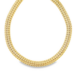 18ct yellow gold Byzantine woven necklet featuring an intricate woven design, 45cm long, 11.60mm wide, and weighing 81.1 grams.