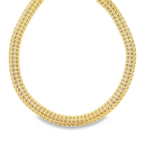 18ct yellow gold Byzantine woven necklet featuring an intricate woven design, 45cm long, 11.60mm wide, and weighing 81.1 grams.