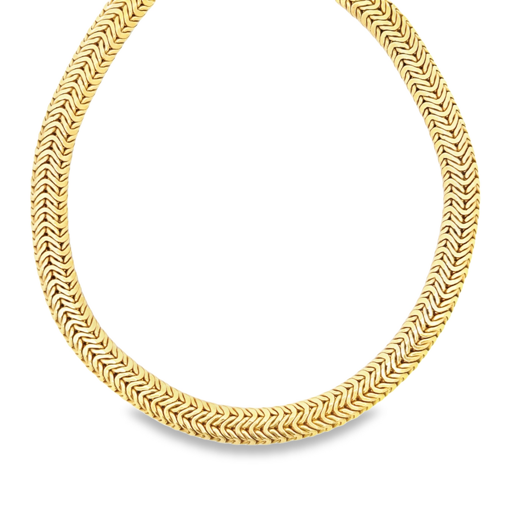 18ct yellow gold Byzantine woven necklet featuring an intricate woven design, 45cm long, 11.60mm wide, and weighing 81.1 grams.